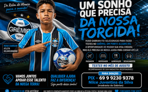 Oportunidade de vestir a camisa do Grêmio pode transformar a vida de jovem talento de Rolim de Moura; família busca ajuda para realizar viagem