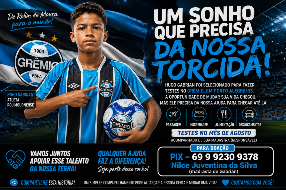 Oportunidade de vestir a camisa do Grêmio pode transformar a vida de jovem talento de Rolim de Moura; família busca ajuda para realizar viagem