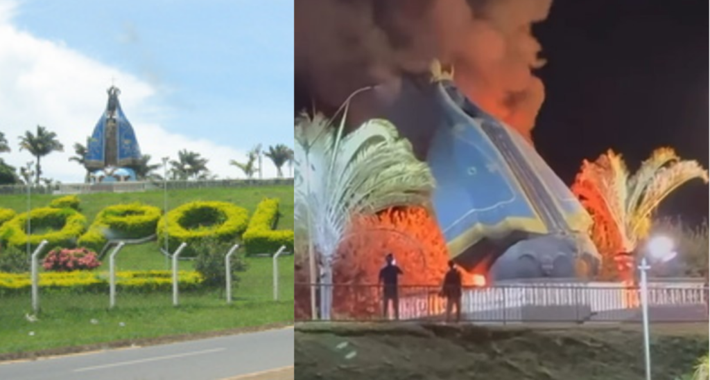 Imagem de Nossa Senhora Aparecida é destruída por incêndio na entrada de Nerópolis (GO)
