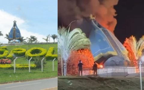 Imagem de Nossa Senhora Aparecida é destruída por incêndio na entrada de Nerópolis (GO)