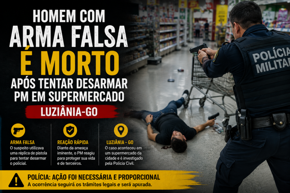 Homem com arma falsa é morto após tentar desarmar PM em supermercado de Luziânia-GO