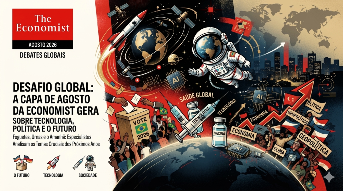 Capa da The Economist para agosto de 2026 gera debates ao reunir símbolos de tecnologia, política e futuro