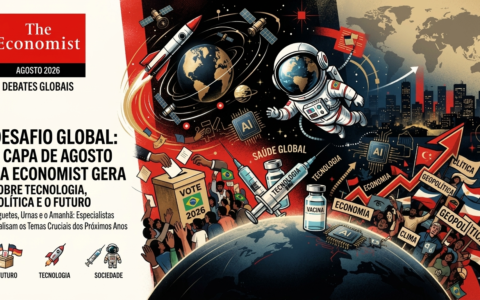 Capa da The Economist para agosto de 2026 gera debates ao reunir símbolos de tecnologia, política e futuro