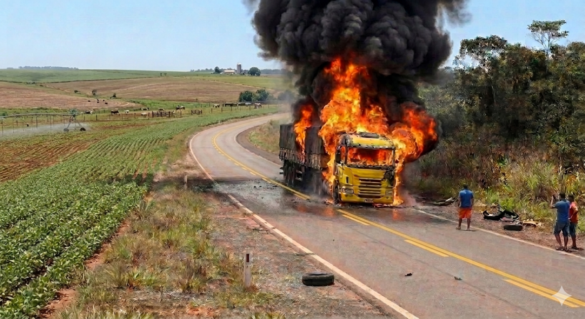 Incêndio em caminhão interdita parcialmente a RO-010 e causa lentidão no trânsito entre Rolim de Moura e Pimenta Bueno