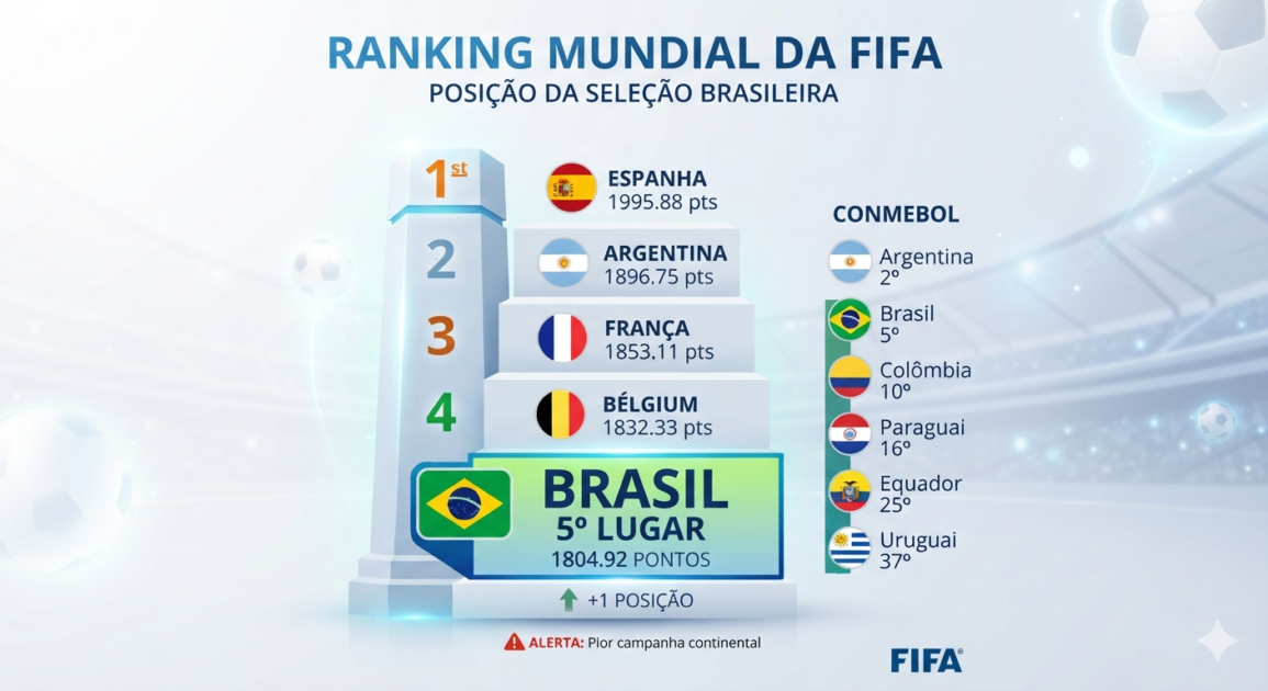 Ranking da FIFA: Brasil sobe para o 5º lugar pós-Copa, mas liga alerta com pior campanha continental