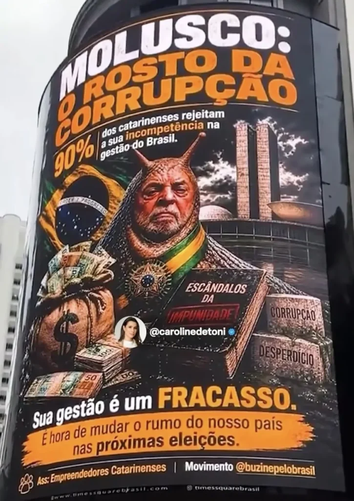 Painel digital em Balneário Camboriú expõe forte rejeição a Lula e reflete cenário político de Santa Catarina