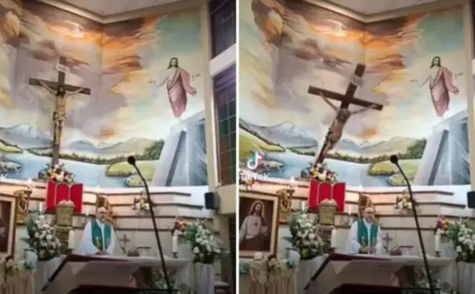 Tragédia em transmissão ao vivo: Grande cruz se desprende e mata padre durante missa